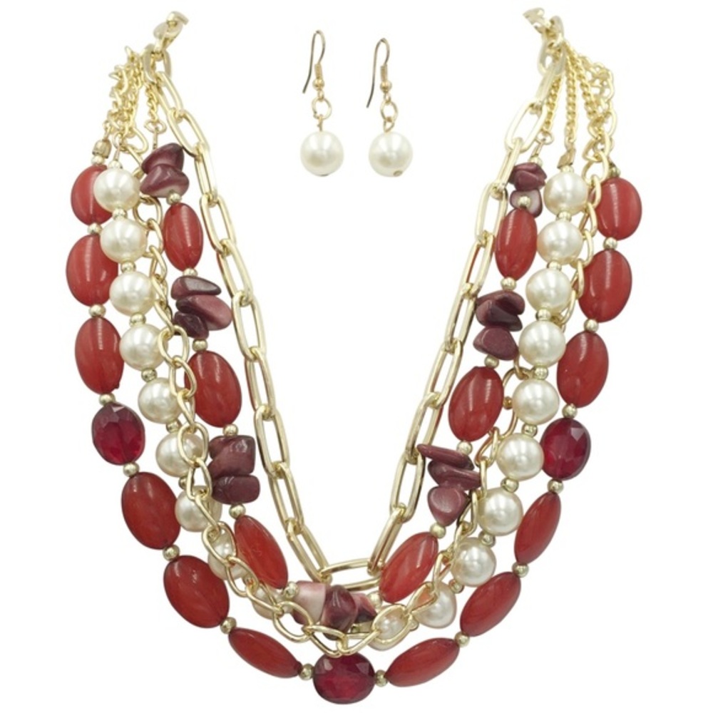 Layered Red Bead Pearl Chain Necklace Set